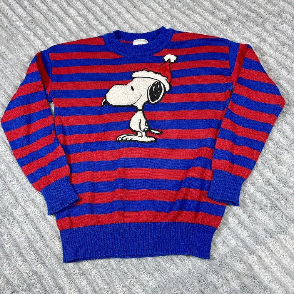 PEANUTS Girls Youth‎ Size XS  Holiday Sweater Red/Blue Striped, Crew Neck